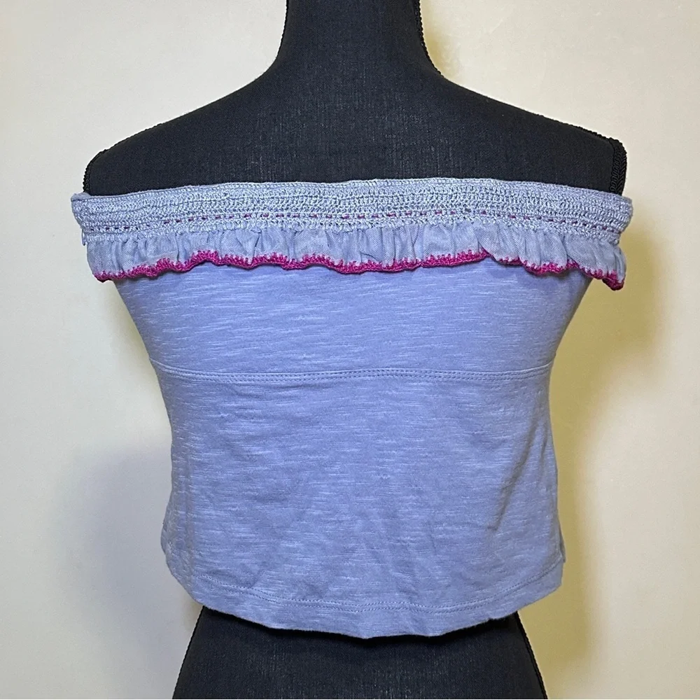 Free People Purple Float On Ruffle Off The Shoulder Crop Tube Top Lace Trim Boho